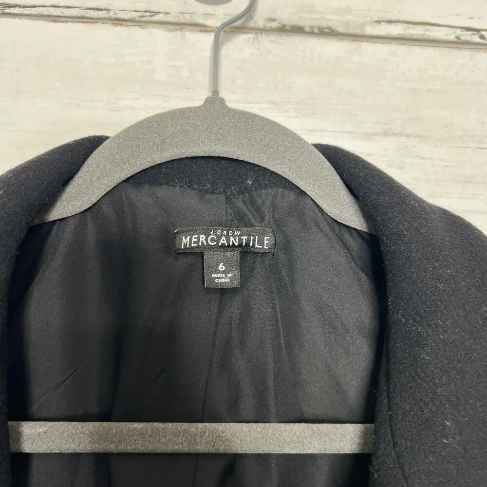 J.Crew Mercantile Black Wool Blend Zip Front Coat Women’s Size 6